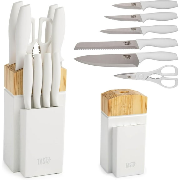 General Kitchen Knife Set with Block, Cutlery Set includes Chef, Bread, Utility, Paring, Steak Knives & Shears, 10-Piece, White