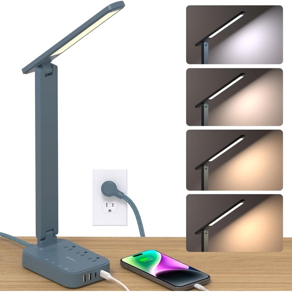 General LED Desk Lamp, Power Strip with 3 Outlets 4 USB Charging Ports(2 USBC), 4 Modes 5 Level Brightness Touch Lamp, Small Desk Lamp for Home Office College Dorm Room Essentials, Blue