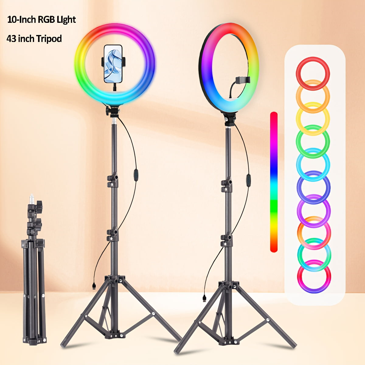 General LED Selfie Ring Light Kit with Dual Phone Stand - 3 Color Modes, 12 Brightness Levels, USB Powered - Ideal for Makeup, Photography & Video, Selfie Stick for Phone