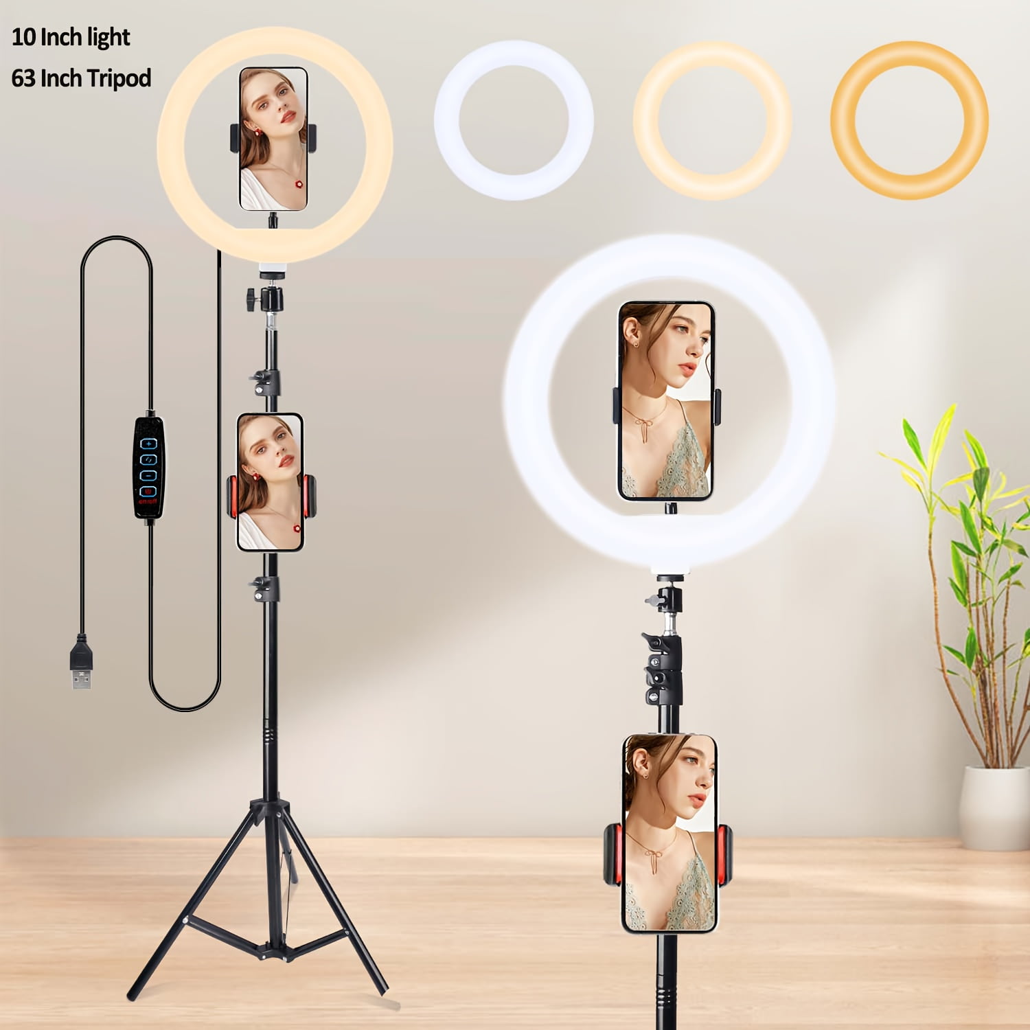 General LED Selfie Ring Light Kit with Dual Phone Stand - 3 Color Modes, 12 Brightness Levels, USB Powered - Ideal for Makeup, Photography & Video, Selfie Stick for Phone