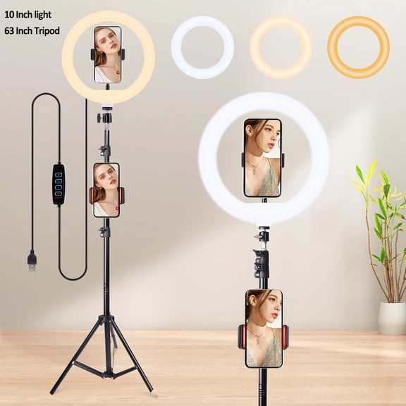 General LED Selfie Ring Light Kit with Dual Phone Stand - 3 Color Modes, 12 Brightness Levels, USB Powered - Ideal for Makeup, Photography & Video, Selfie Stick for Phone