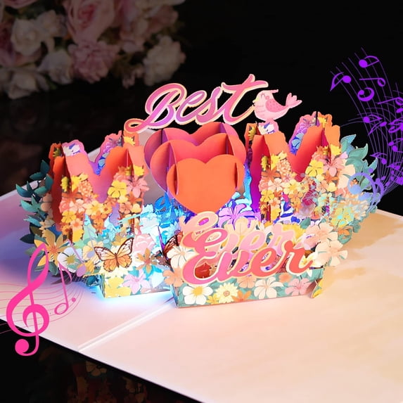 General LIGHTS & MUSIC Mothers Day Pop Up Card, Happy Mother’s 3D Card from Daughter, Son, Husband, Gifts Cards for Mom Wife Grandma(Battery Include)
