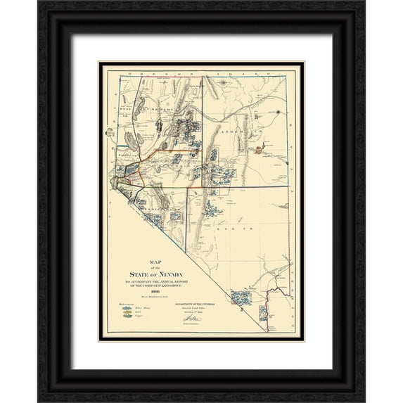 General Land Office 14x18 Black Ornate Wood Framed with Double Matting Museum Art Print Titled - Mining Nevada - General Land Office 1866