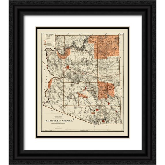 General Land Office 26x30 Black Ornate Wood Framed with Double Matting Museum Art Print Titled - Arizona Territory - General Land Office 1887