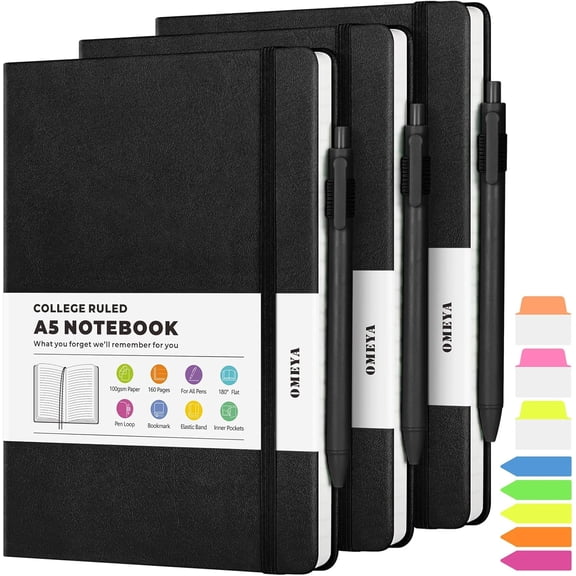General Lined Journal Notebook, 3 Pack A5 College Ruled Notebooks for Work, Hardcover Notebook Each with 2 Pockets & Pen, Leather Journal for Women, Men, 160 Pages, 100GSM Thick Paper (Black)