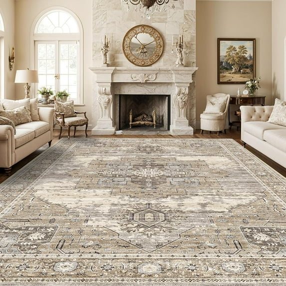 General Living Room 10x14 Area Rugs - Washable Lightweight Area Rug Stain Resistant Carpet Vintage Soft Rugs for Bedroom with Non Slip Backing Indoor Ultra-Thin Rugs Home Decor 10x14 Beige