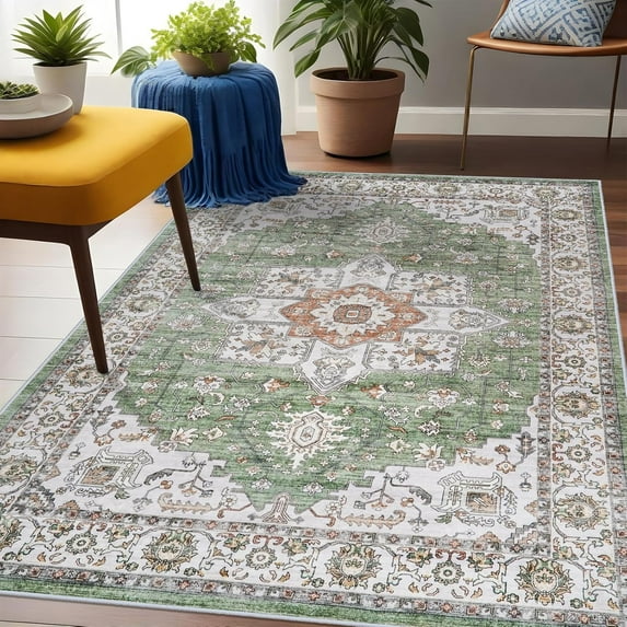 General Living Room 3x5 Area Rugs - Washable Lightweight Area Rug Stain Resistant Carpet Vintage Soft Rugs for Bedroom Kitchen with Non Slip Backing Home Decor Small Mat 3x5 Sage