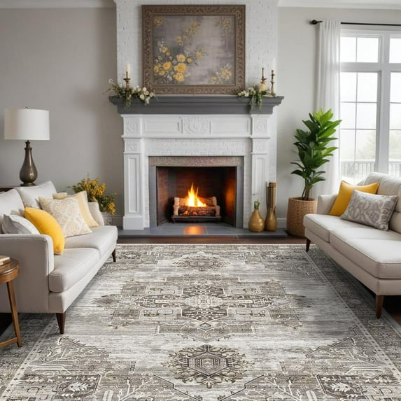 General Living Room Rugs 10x12 - Soft Area Rugs for Living Room Stain Resistant Carpet Vintage Lightweight Rug for Bedroom with Non Slip Backing Indoor Ultra-Thin Rugs Home Decor 10x12 Grey