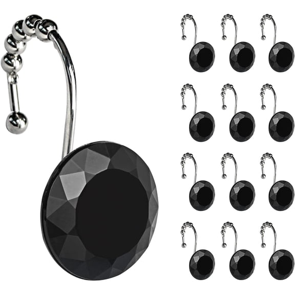 General Luxury Design Round Black Diamond Crystal Gem Bling with Glide Balls Shower Curtain Hooks, Rust Proof Metal Rhinestones Glam Shower Curtain Rings-12 Pack