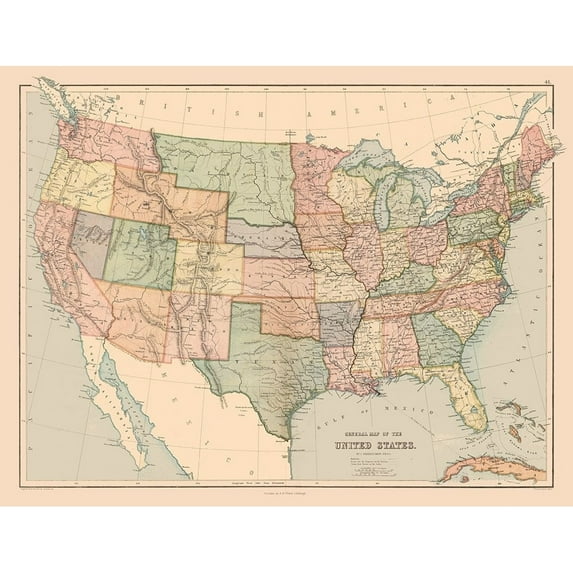 General Map of US - Black 1867 Poster Print by Black Black USGM0001