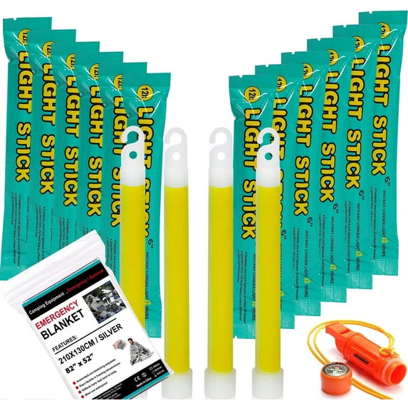 General Medi Premium 6" Glow Sticks - Extra Bright, 12 Count, 12+ Hour Duration with Emergency Blanket, Great for Hiking, Party, Camping, Blackouts, Hurricane and Survival Kits (Yellow)