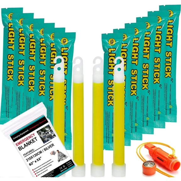 General Medi Premium 6" Glow Sticks - Extra Bright, 12 Count, 12+ Hour Duration with Emergency Blanket, Great for Hiking, Party, Camping, Blackouts, Hurricane and Survival Kits (Yellow)