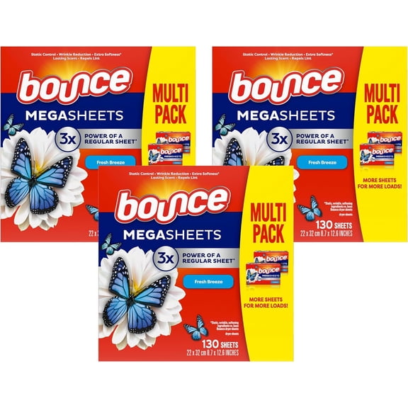 General Mega Dryer Sheets, Fresh Breeze, 130 Count, Mega Fabric Softener Sheets with Static Control, Wrinkle Reduction, Extra Softness, Lasting Scent, Repels Lint (Pack of 3)
