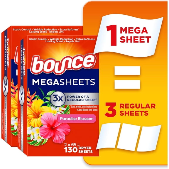 General Mega Dryer Sheets, Paradise Blossom, 130 Count, Mega Fabric Softener Sheets with Static Control, Wrinkle Reduction, Extra Softness, Lasting Scent, Repels Lint
