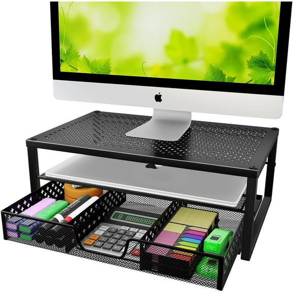 General Metal Monitor Stand Riser and Computer Desk Organizer with Drawer for Laptop, Computer, iMac, Black