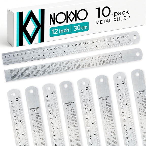 General Metal Ruler 12 Inch - Pack of 10 - Measuring Set of 12-Inch / 30 cm Stainless Steel Rulers with Imperial & Metric Measurements & Conversion Table - Metal Straight Edge Ruler for Cutting