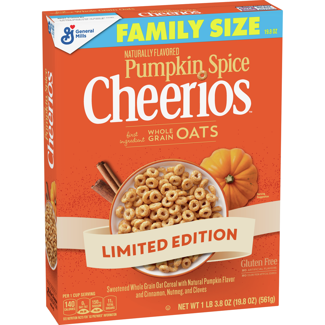 General Mills, Breakfast Cereal, Pumpkin Spice Cheerios, Gluten Free, Family Size, 19.8oz Box - image 1 of 11