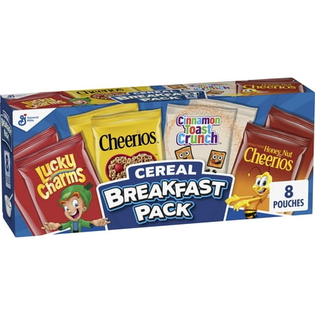 product image of General Mills Breakfast Cereal Variety Pack, Lucky Charms, Cinnamon Toast Crunch, and Cheerios Varieties, Single Serve Snacks, 9.14 oz (8 Pouches)