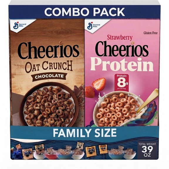 General Mills Cheerios Oat Crunch Chocolate & Cheerios Protein Strawberry Breakfast Cereal, Family Size, Combo Pack, Total Weight 39 oz