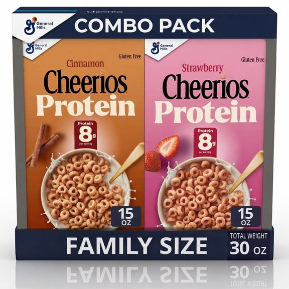 General Mills Cheerios Protein Cinnamon & Cheerios Protein Strawberry Breakfast Cereal, Family Size, Combo Pack, Total Weight 30 oz