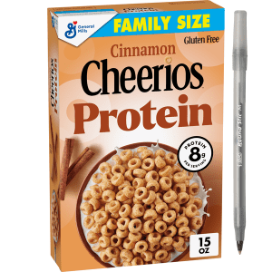 General Mills Cinnamon Cheerios Protein Family Size Cereal with pan