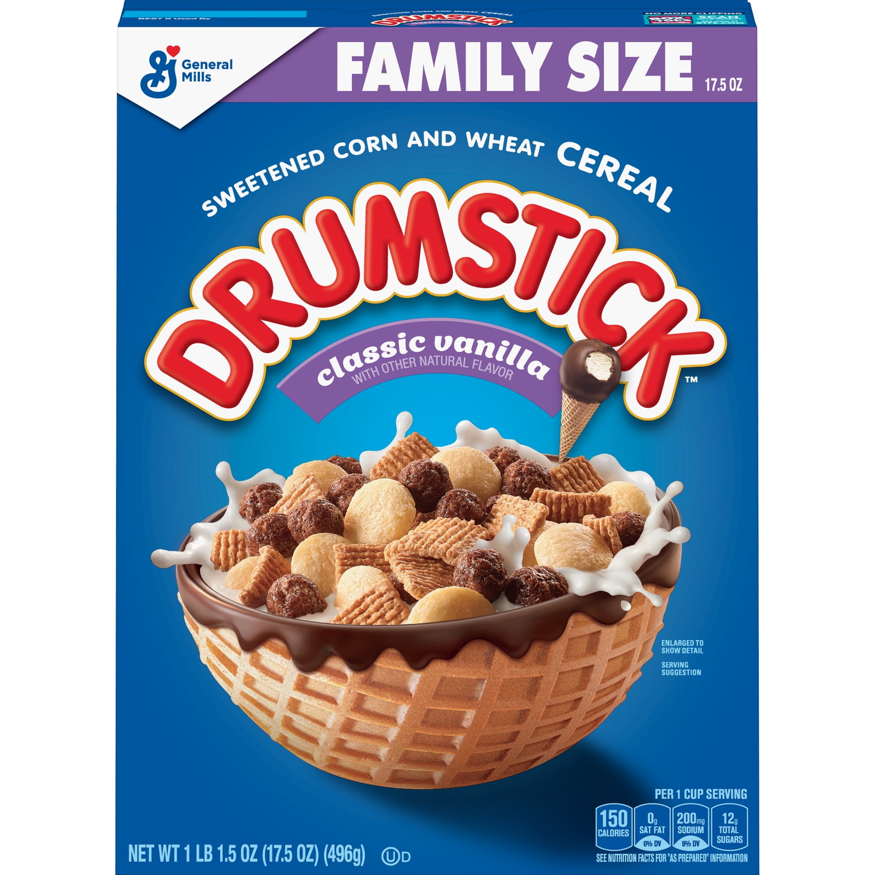 General Mills, Drumstick Breakfast Cereal, Classic Vanilla, Family Size, 17.5 oz