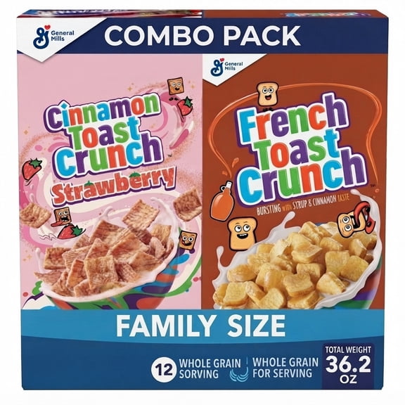 General Mills French Toast Crunch & Strawberry Toast Crunch Breakfast Cereal, Family Size, Combo Pack, Total Weight 36.2 oz