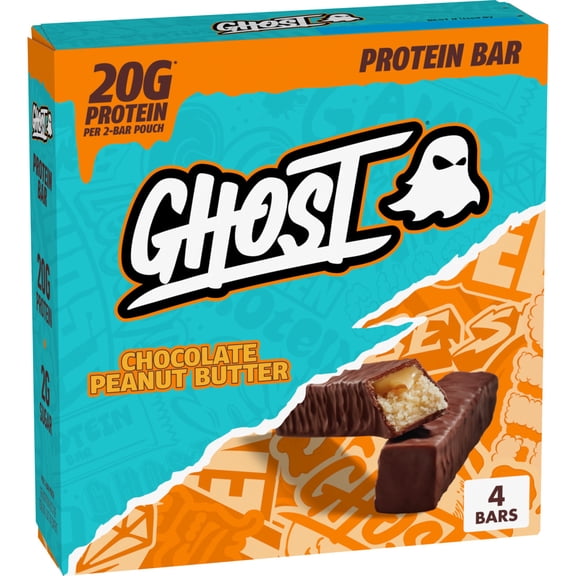 GHOST PROTEIN BAR, CHOCOLATE PEANUT BUTTER Flavor, 20G Protein, 2G Sugar, 4 Ct, 9.2 oz