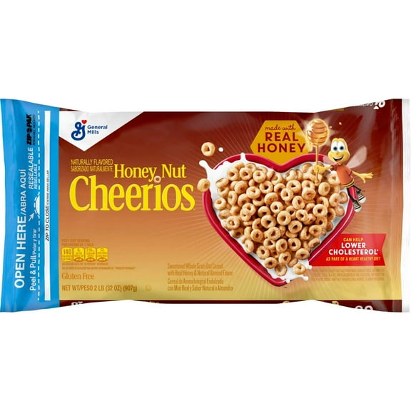 General Mills Honey Nut Cheerios Cereal Bag, 32 oz, Honey Nut Cheerios Bagged Cereal, 32oz Cereal, General Mills Cereal, Nutty Cereal, Breakfast Cereal