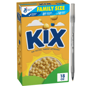 General Mills Kix Crispy Corn Puffs Family Size Cereal with pan