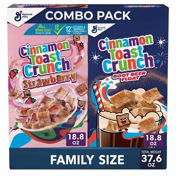 General Mills Root Beer Float Cinnamon Toast Crunch & Strawberry Toast Crunch Breakfast Cereal, Family Size, Combo Pack, Total Weight 37.6 oz