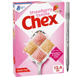 General Mills Strawberry Vanilla Chex Cereal with pan