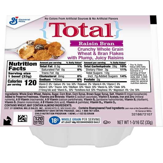 General Mills Total Raisin Bran Cereal, Bowl Pak, 1.19 Ounce -- 96 per case.