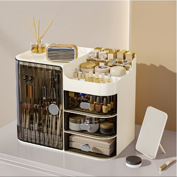 General Multi-Drawer Cosmetic Organizer, Plastic Desktop Storage Cabinet with Lipstick & Mask Compartments, Compact Vanity Organizer for Bathroom Countertop, No Assembly, Polished Makeup Storage Box
