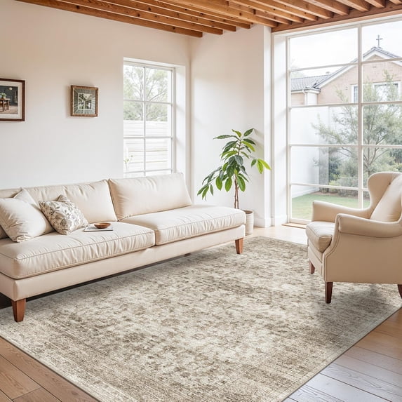 General Oriental Washable Area Rug - 6x9 Rugs for Living Room Bedroom Indoor Non Slip Carpets for Dining Room/Nursery/Home Office/Soft Low Pile Rome Decor Mat 6x9 Beige Brown