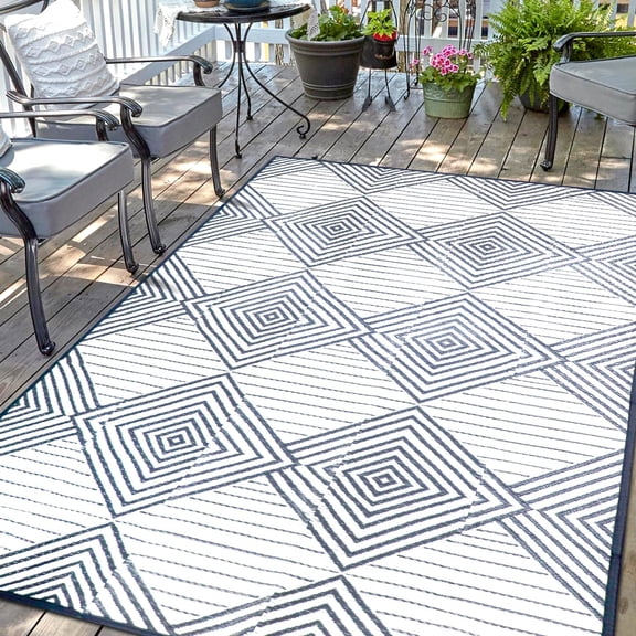 General Outdoor Rug Mat for Patio, 8x10ft Waterproof Reversible Plastic Straw Rugs, Camping Carpet Area Mats for RV, Porch, Deck, Backyard, Balcony, Camper, Trailer, Grey & White