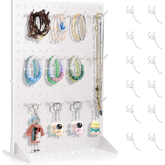 General Peg Board Display Stand for Vendors with 12 Hooks Metal Tabletop Pegboard Display Stand for Craft Shows 17" X 13" Retail Display Racks Peg Board Organizer Holder White