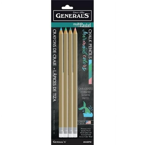 General Pencil 444BPM Multi Pastel Chalk Pencils - Mermaid Color - Pack of 4