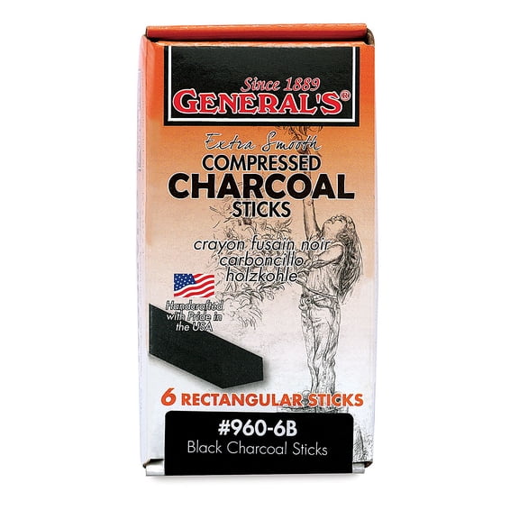 Generals Jumbo Compressed Charcoal - 6B, Box of 6 Sticks