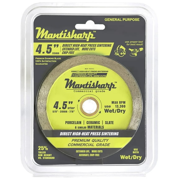 General Purpose Continuous Rim Diamond Blade,4-1/2 inch, for Angle Grinders & Tile Saws, Porcelain, Ceramic, Slate, and Other Masonry. 5/8, 20mm & 7/8 Arbors, MGP-F4501.