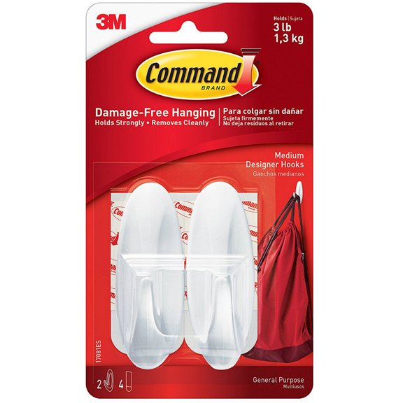 Command 17081 Medium Designer Hooks, White, 2 Hooks & 4 Strips, Each