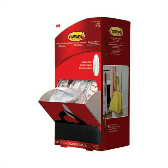 General Purpose Designer Hooks, Medium, Plastic, White, 3 lb Capacity, 50 Hooks and 50 Strips/Carton | Bundle of 5