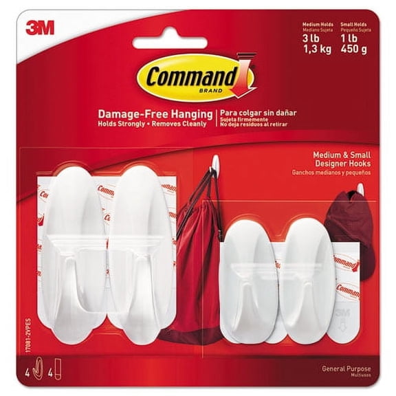 General Purpose Designer Hooks, Small/medium, 3 Lb Cap, White, 4 Hooks And 4 Strips/pack | Bundle of 2 Packs
