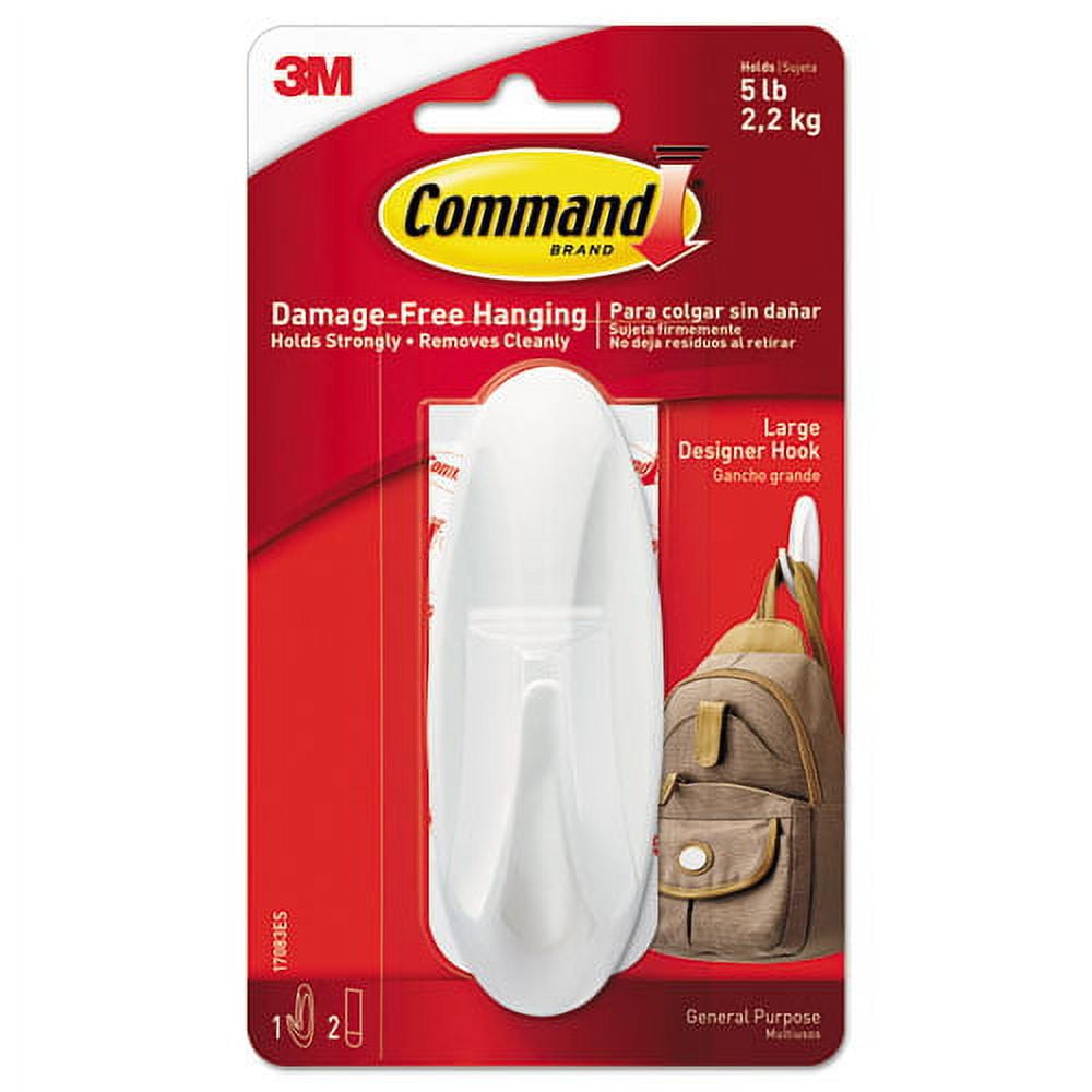 "General Purpose Hooks, Large, 5 Lb Cap, White, 1 Hook And 2 Strips/pack | Bundle of 2 Packs"