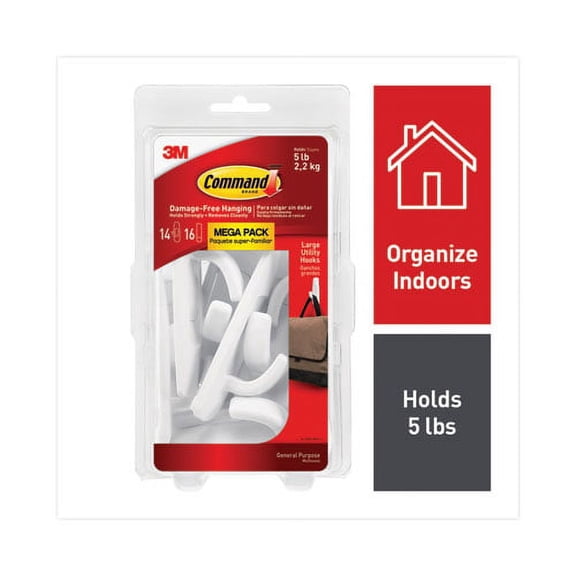 "General Purpose Hooks, Large, 5 Lb Cap, White, 14 Hooks And 16 Strips/pack | Bundle of 2 Packs"