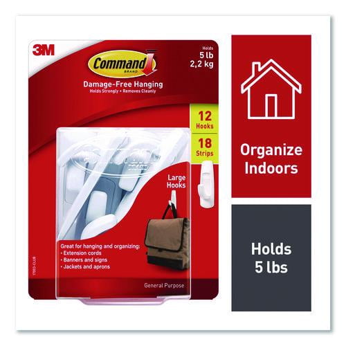 General Purpose Hooks, Large, Plastic, White, 5 lb Capacity, 12 Hooks and 18 Strips/Pack | Bundle of 10