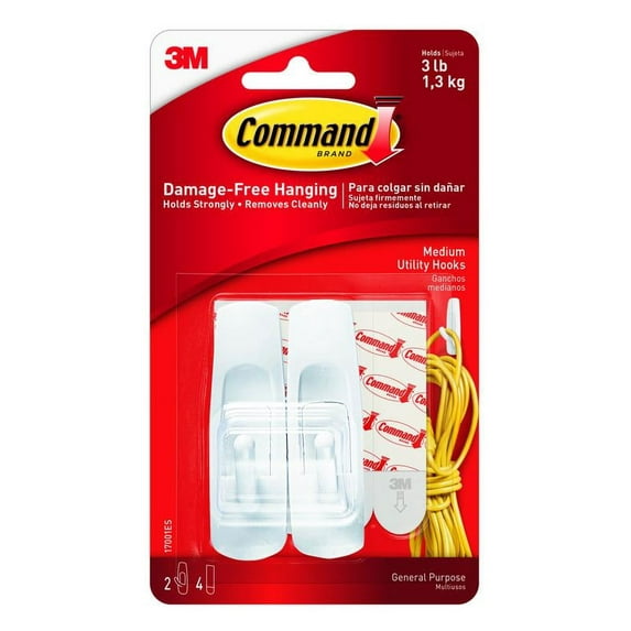 General Purpose Hooks, Medium, 3 Lb Cap, White, 2 Hooks And 4 Strips/pack | Bundle of 5 Packs