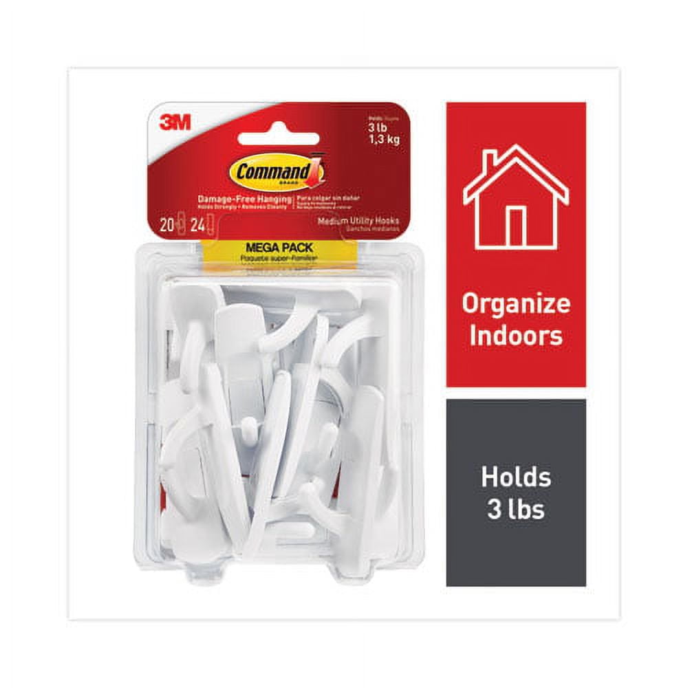 General Purpose Hooks, Medium, 3 Lb Cap, White, 20 Hooks And 24 Strips/pack | Bundle of 10 Packs