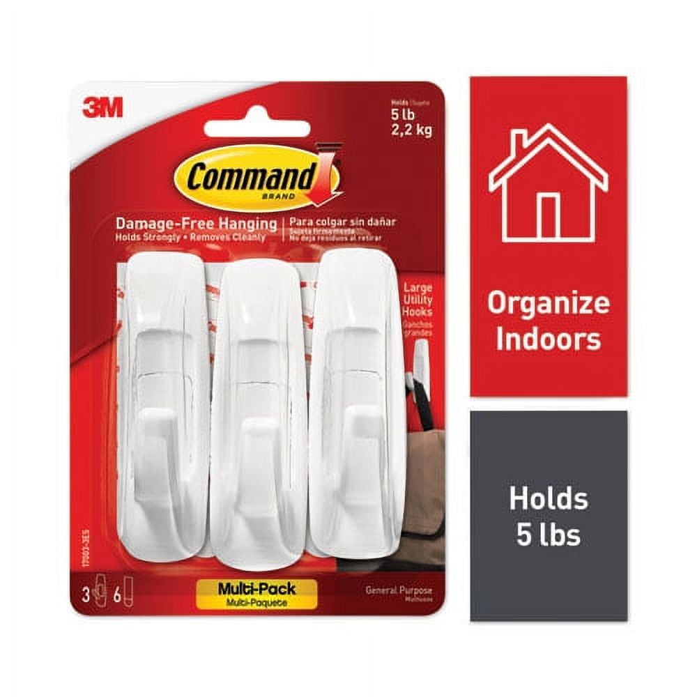 General Purpose Hooks Multi-Pack, Large, 5 Lb Cap, White, 3 Hooks And 6 Strips/pack | Bundle of 2 Packs