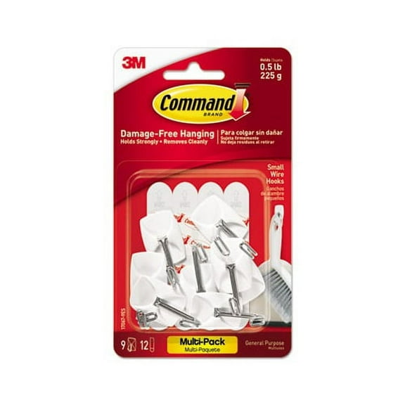 General Purpose Wire Hooks Multi-Pack Small, 0.5 lb Cap, White, 9 Hooks and 12 Strips/Pack
